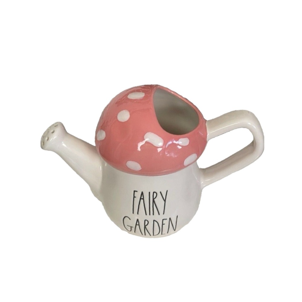 Rae Dunn Fairy Garden Mushroom Watering Can Pink Polka Dot Ceramic Artisan Decor
